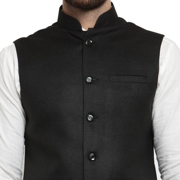 Sleeveless Traditional Jute Fabric Black Nehru Jacket by Treemoda - Picture 4 of 5